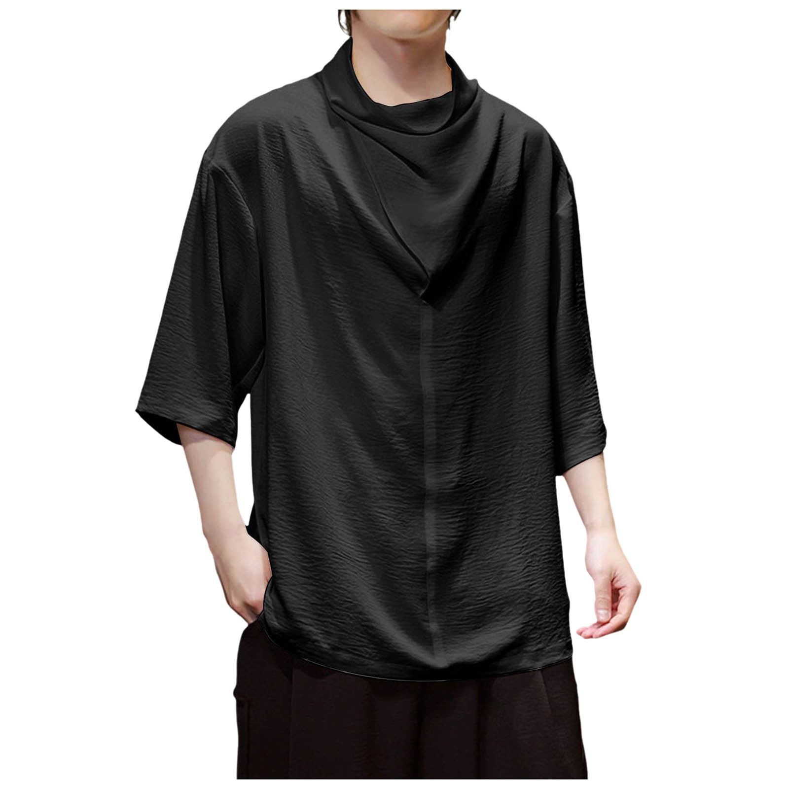 thumbnail image 5 of Camisa de manga corta irregular de seda helada para hombre - Diseño de pelo oscuro, mezcla de algodón, 5 of 8